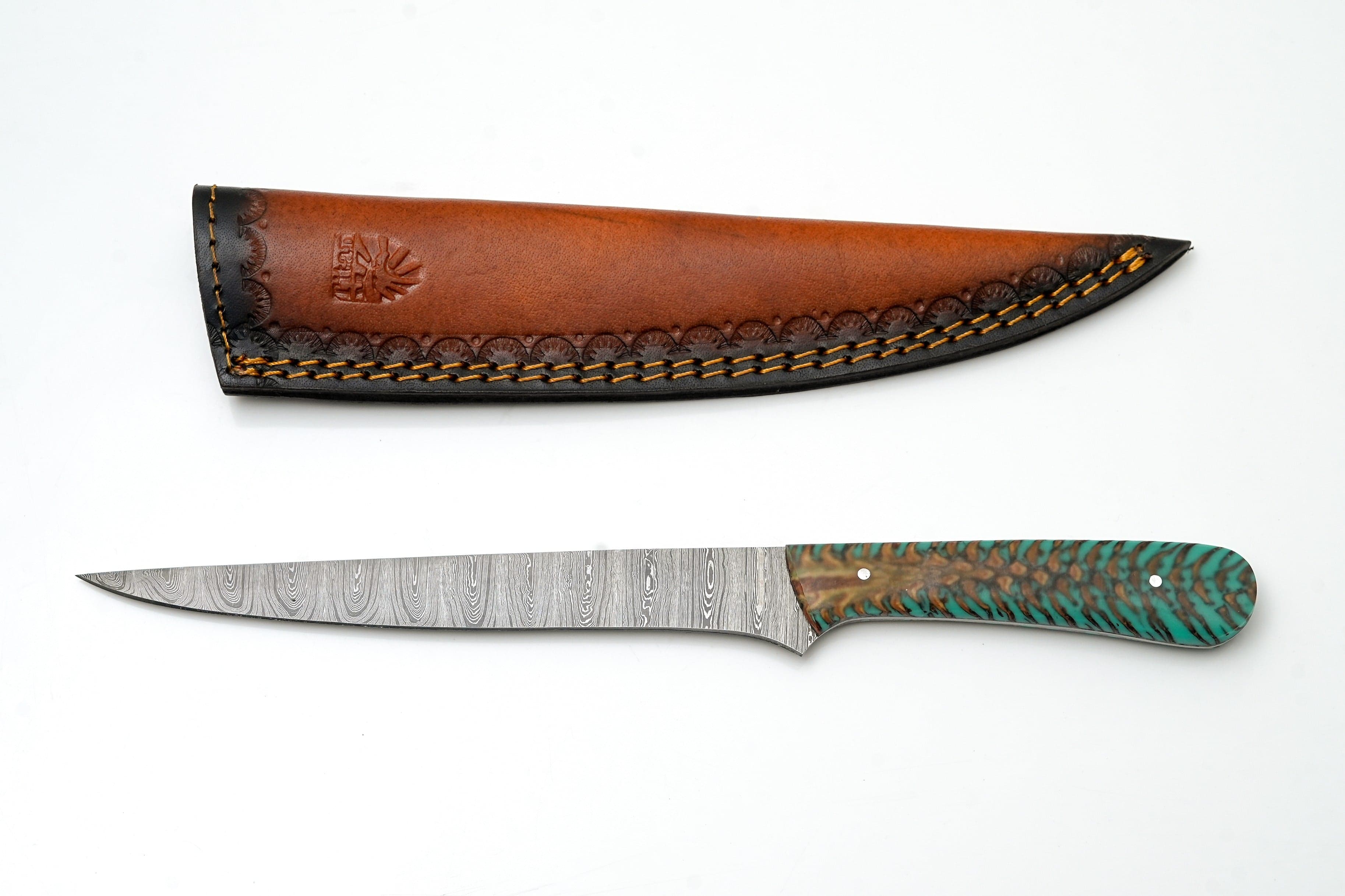 Hand-Forged Damascus Steel Fillet Knife | Custom Teal Pine Cone Resin Handle | Professional Fishing Tool TK-469