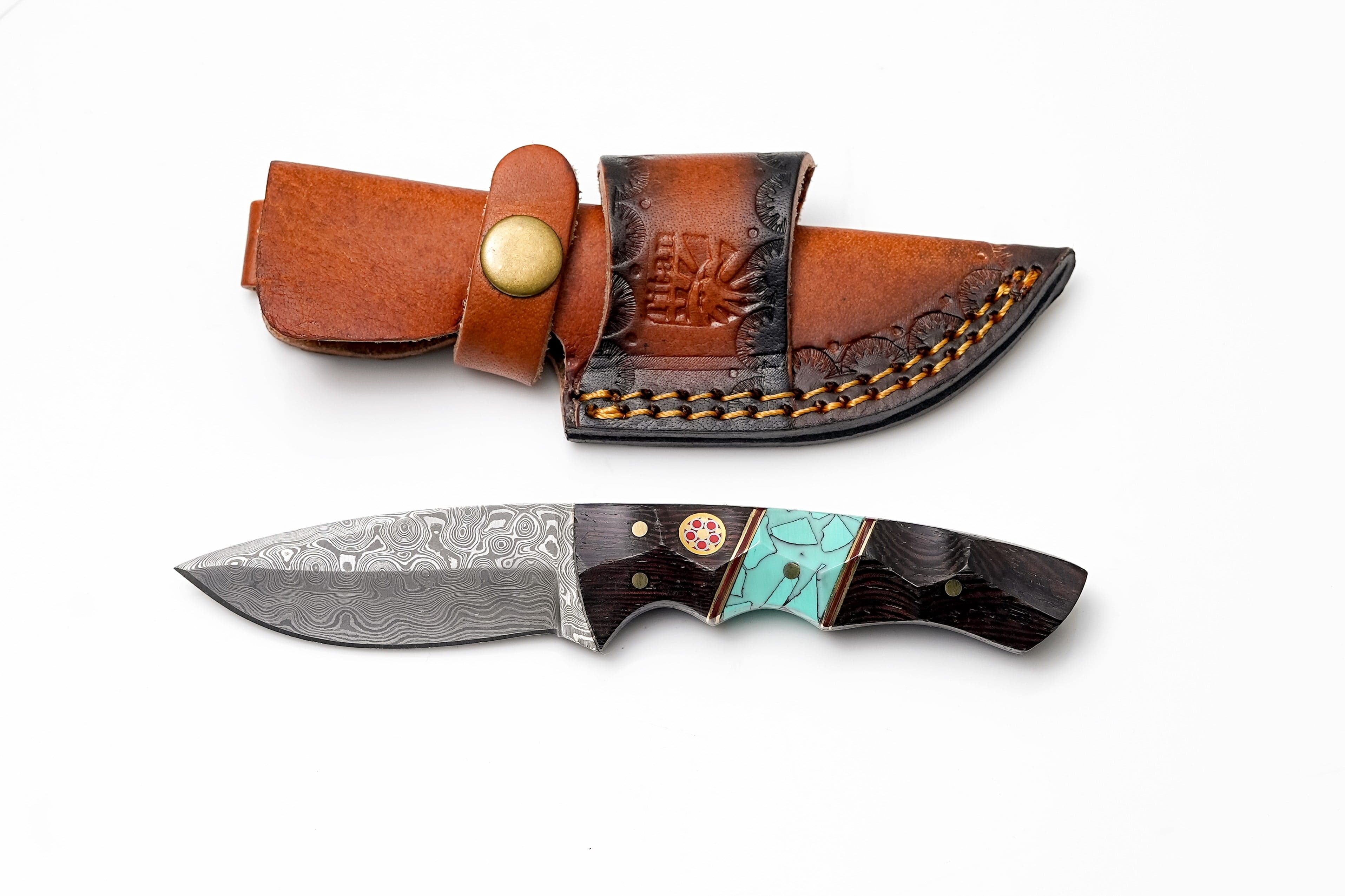 Custom Damascus Steel Drop Point Hunter | Sculpted Wood & Turquoise Inlay Handle | Scout Carry TK-491