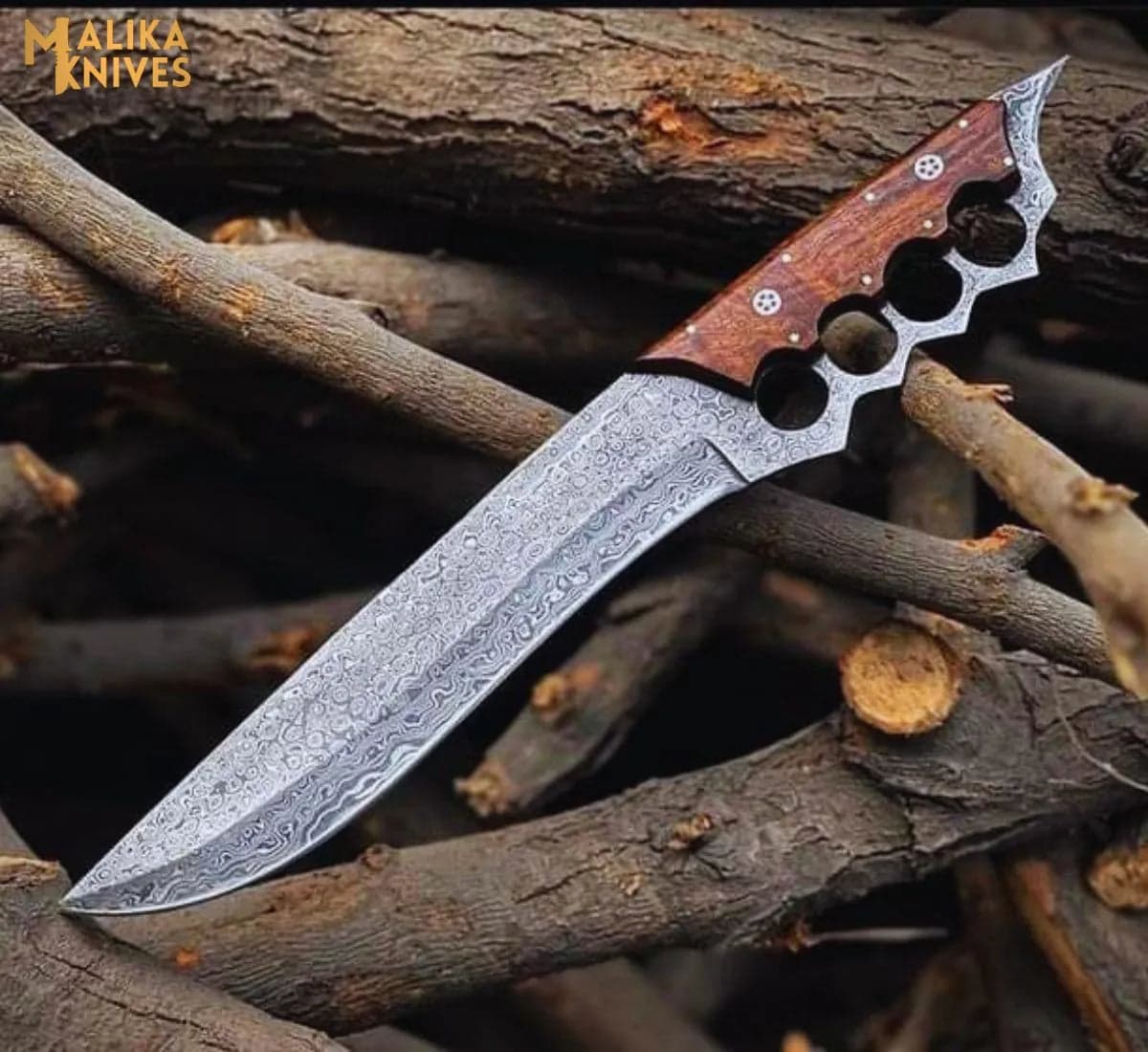 Knuckle Bowie Knife Damascus Steel Rosewood Handle