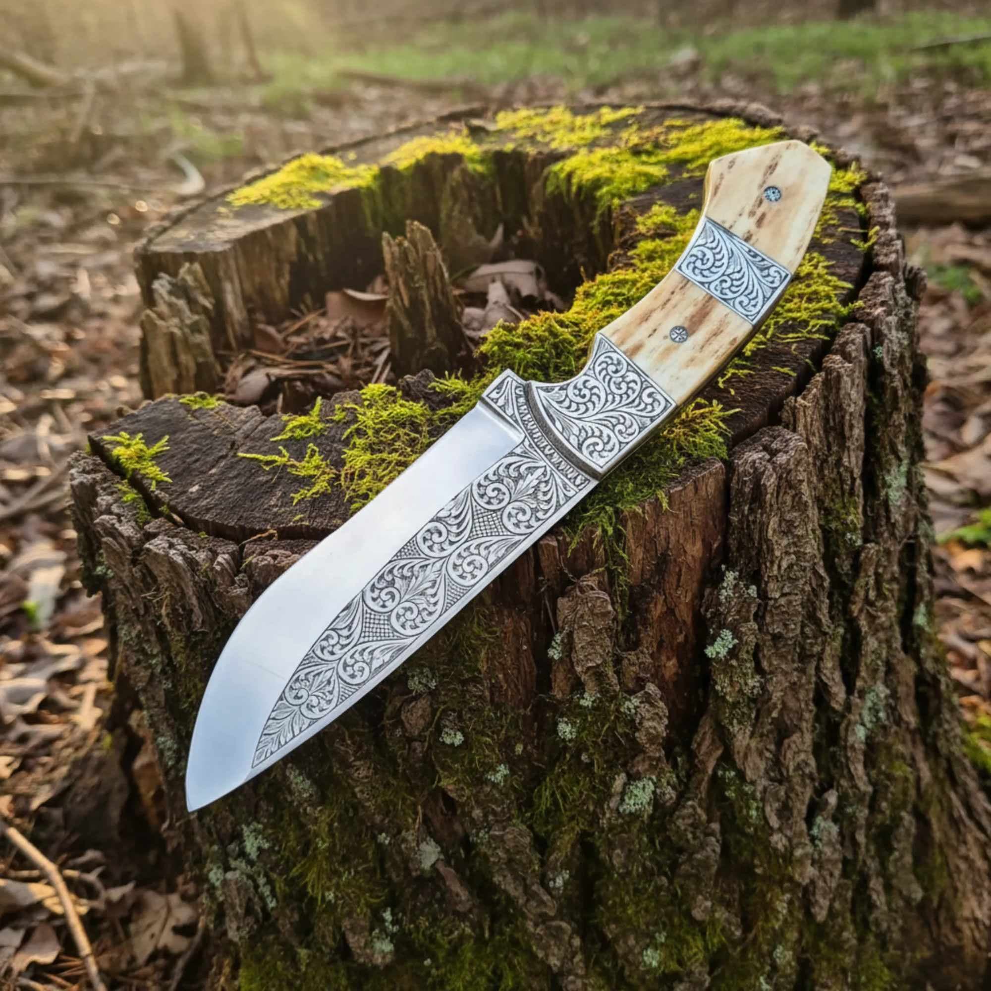 D2 Hunting Knife Antler Handle Engraved Blade