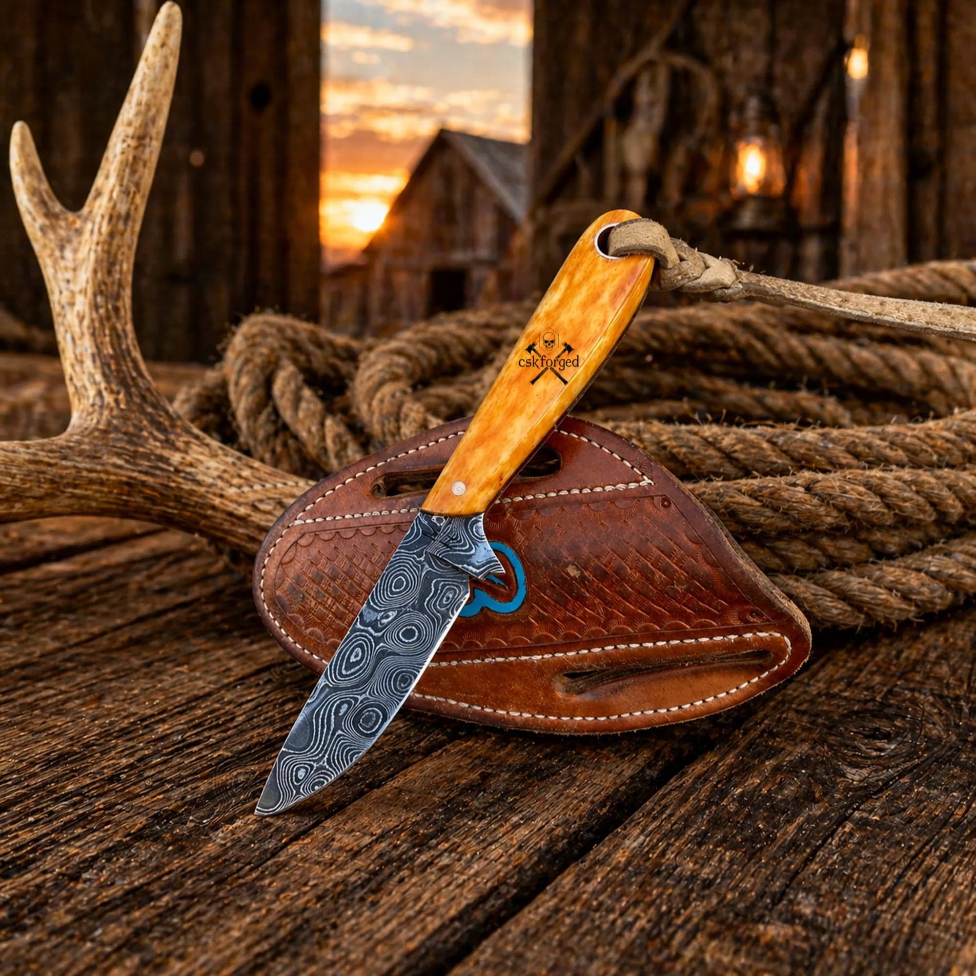 Buckaroo Sheath Knife - 3.5” Damascus Steel Blade & Burnt Bone Handle